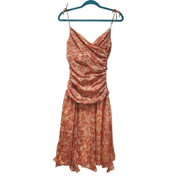 Irene Van Ryb Silk Floral Mesh Ruched Dress Handkerchief Hemline Y2K | 42 - US L - Picture 1 of 10
